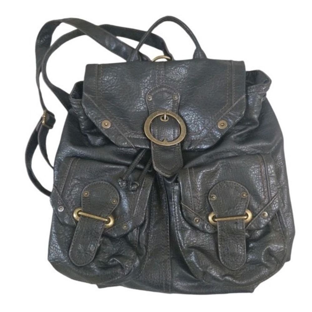 Vtg America Nine West Dark Brown Leather Back Pack Travel Bag Magnetic Pockets